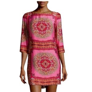 Laundry Shelli Segal Shift 3/4 Sleeve Dress Size 10 Pink Medallion EUC